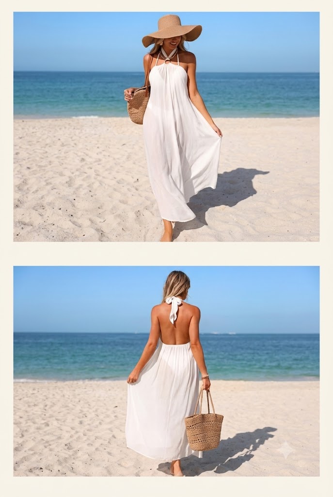 Vacation Spotlight: White European American Hanging Neck Beach Maxi Dress